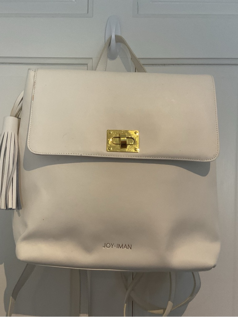 White Leather Backpack Purse with Tassel
